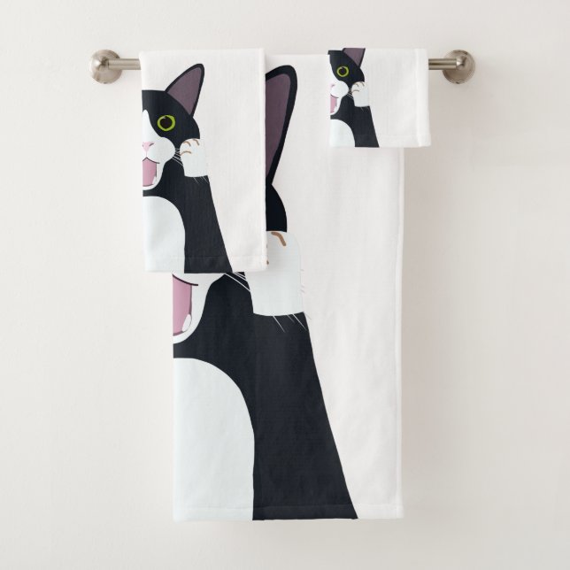 Funny tuxedo cat pun cartoon bath towel set (Insitu)