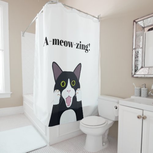 Funny tuxedo cat pun cartoon shower curtain