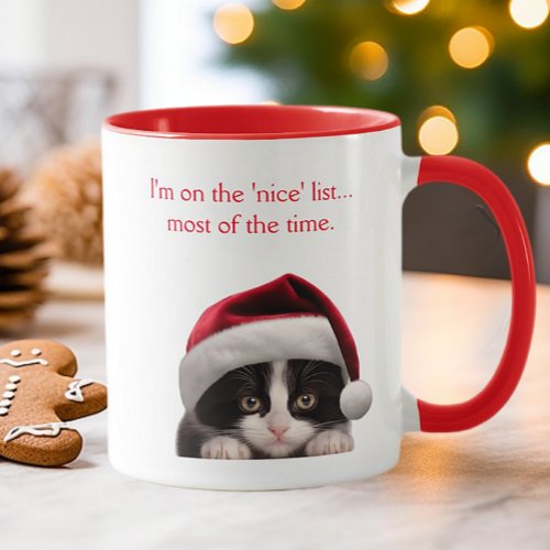 Funny Tuxedo Cat Santa Hat Nice List Personalized  Mug