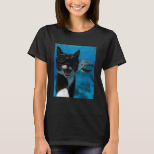Funny Tuxedo Cat Selfie with Shark Ocean Lovers T-Shirt