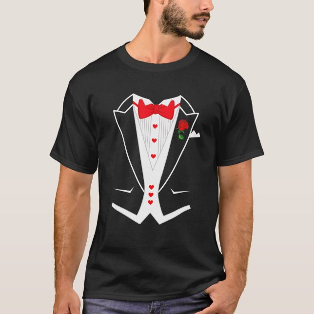 Funny Tuxedo With Red Bowtie Hearts Valentines Day T-Shirt (Front)