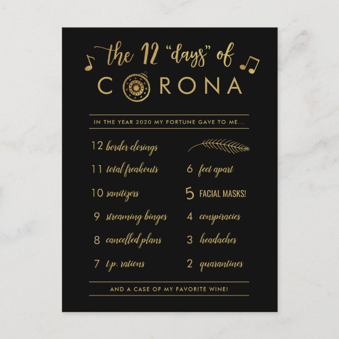 Funny Twelve Days of Corona | Gold Christmas Black Holiday Postcard
