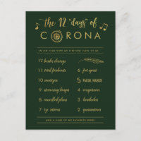 Funny Twelve Days of Corona | Gold Christmas Green Holiday Postcard