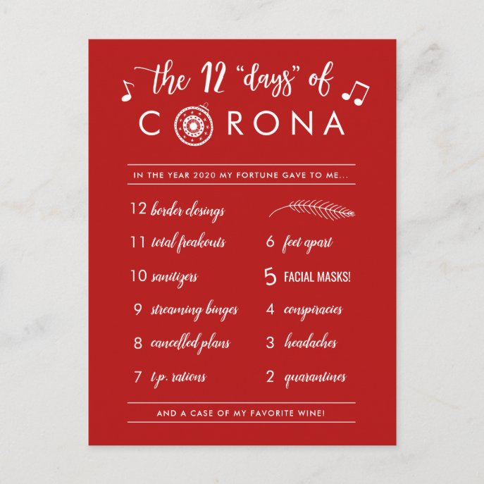 Funny Twelve Days of Corona | Modern White Red Holiday Postcard