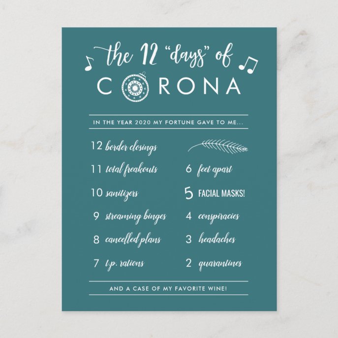 Funny Twelve Days of Corona | Modern White Teal Holiday Postcard