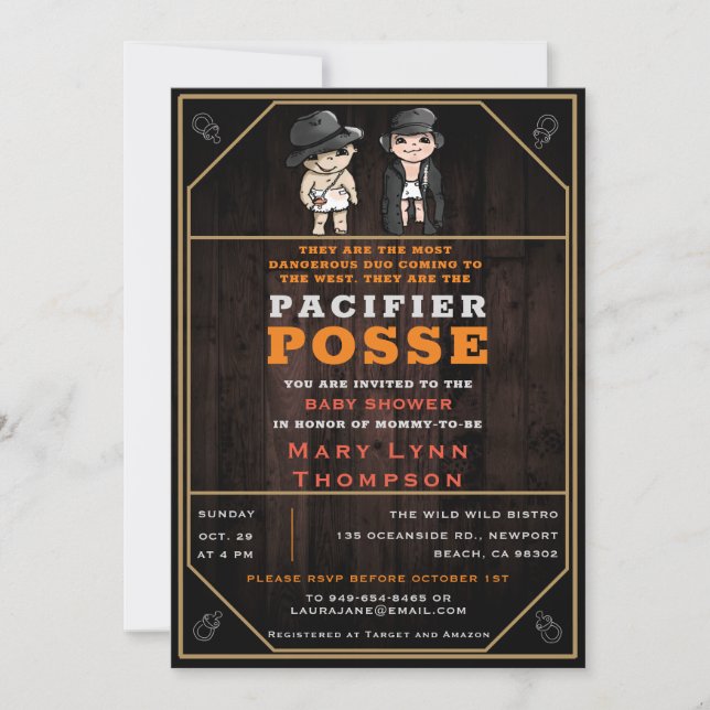 Funny Twins Pacifier Posse Wild West Baby Shower Invitation (Front)