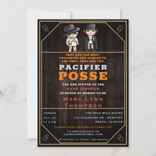 Funny Twins Pacifier Posse Wild West Baby Shower Invitation