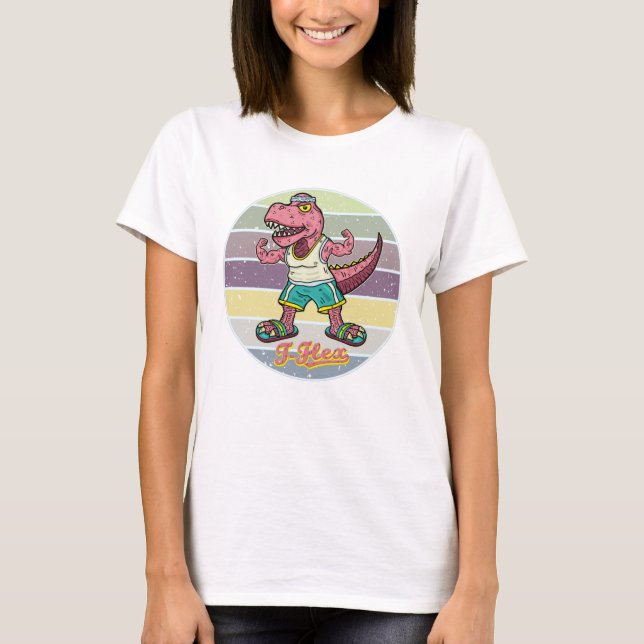 Funny Tyrannosaurus Rex T-Flex Muscle Workout Pink T-Shirt (Front)