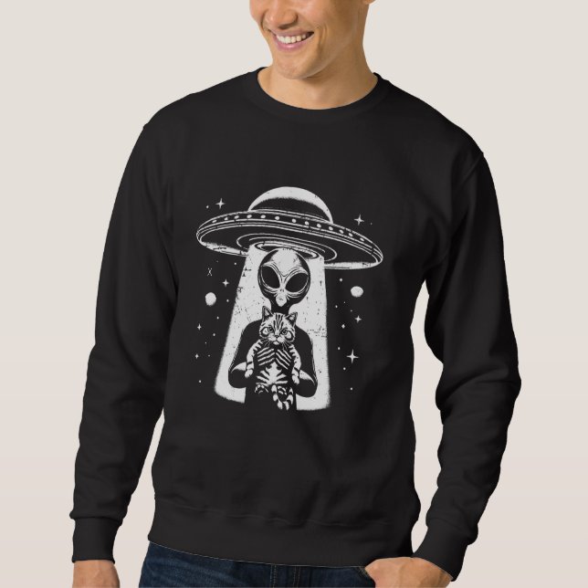 Funny UFO Alien holding a Cat Graphic Sweatshirt (Front)