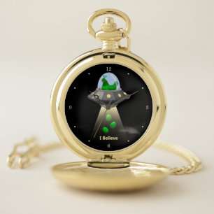 Funny UFO Green Chicken Egg Alien Abduction Pocket Watch