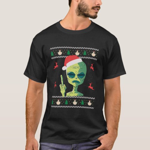 Funny Ugly Christmas Apparel Aliens Middle Finger  T_Shirt