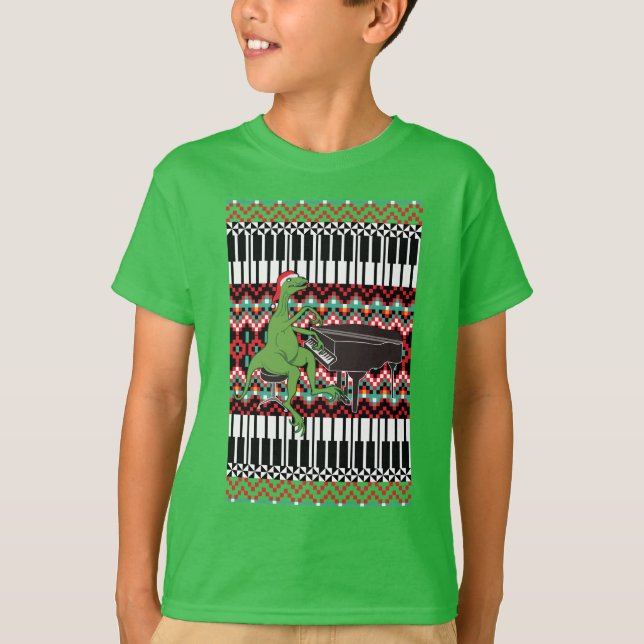 Funny Ugly Christmas Dinosaur Piano T-Shirt (Front)