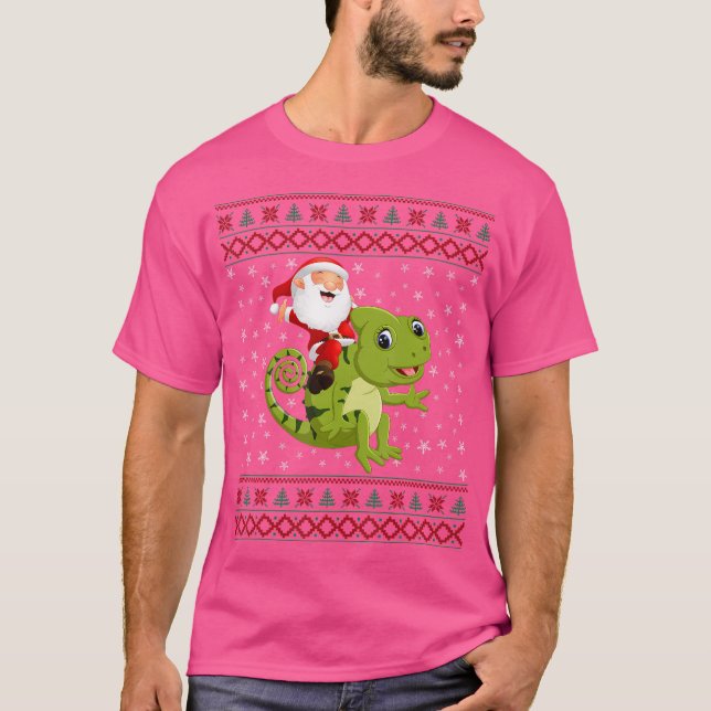Funny Ugly Christmas Santa Riding Chameleon T-Shirt (Front)