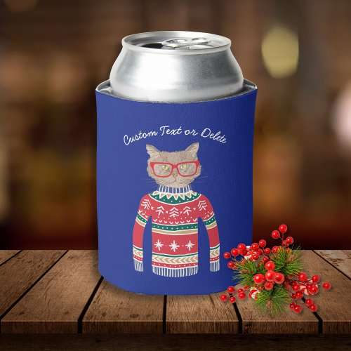 Funny Ugly Christmas Sweater Cat Lover Custom Can Cooler