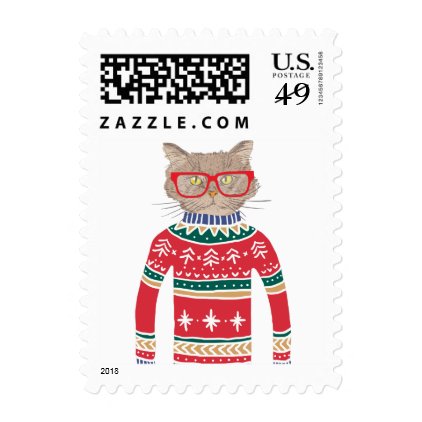 Funny Ugly Christmas Sweater, Cat Wearing Glasses Postage