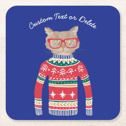 Funny Ugly Christmas Sweater, Cat Wearing Glasses Square Paper Coaster