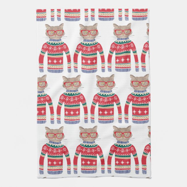 Funny Ugly Christmas Sweater, Cut Cat Lover Towel (Vertical)
