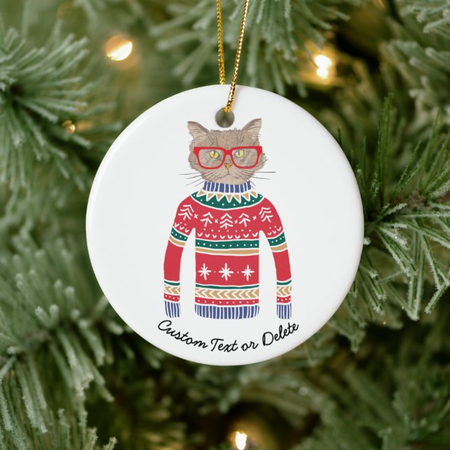 Funny Ugly Christmas Sweater, Cute Cat Lover Ceramic Ornament (Tree)