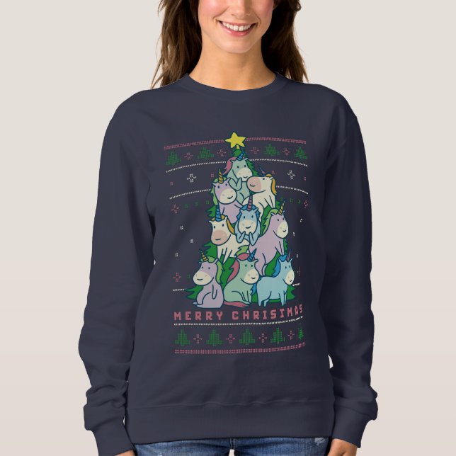 Funny Ugly Christmas Sweater Cute Unicorn Tree (Front)