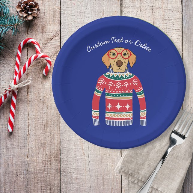 Funny Ugly Christmas Sweater, Dog Wearing Glasses Paper Plates (Creator Uploaded)