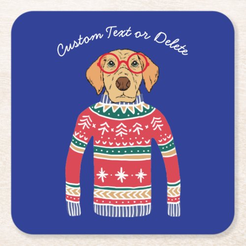 Funny Ugly Christmas Sweater Dog Wearing Glasses Square Paper Coaster