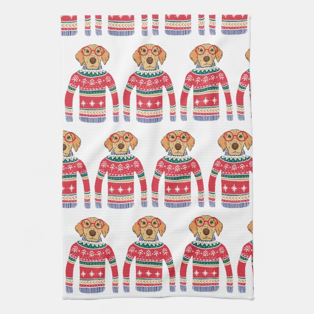 Funny Ugly Christmas Sweater, Dog Wearing Glasses Towel (Vertical)