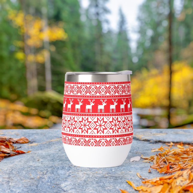 Funny Ugly Christmas Sweater Nordic Reindeer  Thermal Wine Tumbler (Outdoor)