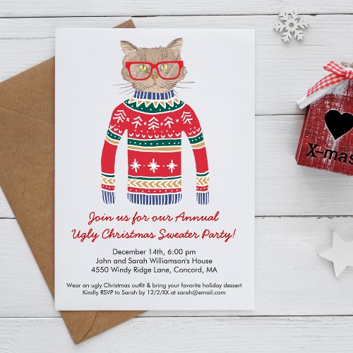 Funny Ugly Christmas Sweater Party Cute Cat Invitation