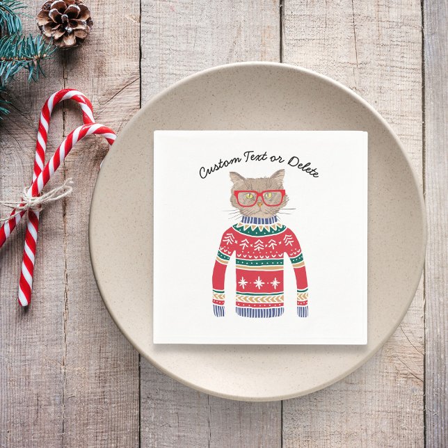 Funny Ugly Christmas Sweater Party, Cute Cat Lover Napkins (Creator Uploaded)