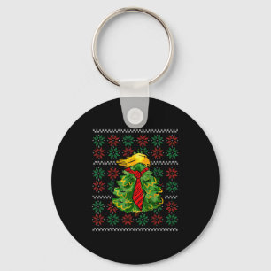 Funny Ugly Christmas Sweater Xmas Tree Trump Hair Keychain
