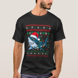 Funny Ugly Christmas Tree Shark Santa Hat Lights X T-Shirt