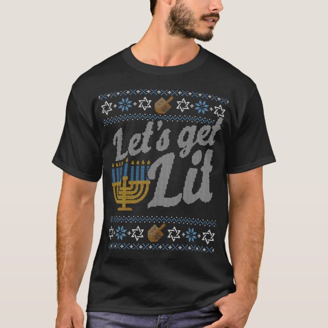 Funny Ugly Hanukkah Lets Get Lit Menorah T-Shirt (Front)