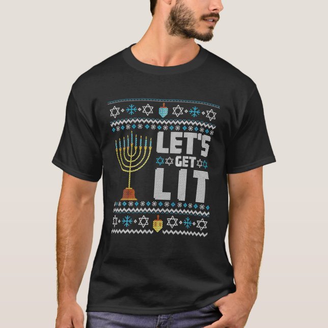 Funny Ugly Hanukkah Sweater Lets Get Lit Menorah (Front)