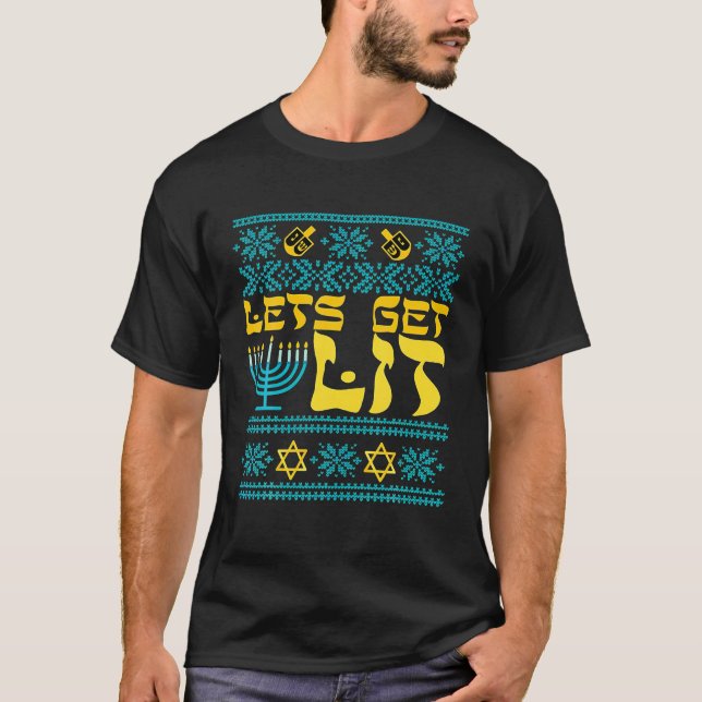 Funny Ugly Hanukkah Sweater Lets Get Lit Menorah  (Front)