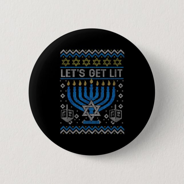 Funny Ugly Hanukkah Sweater Lets Get Lit Menorah J Button (Front)