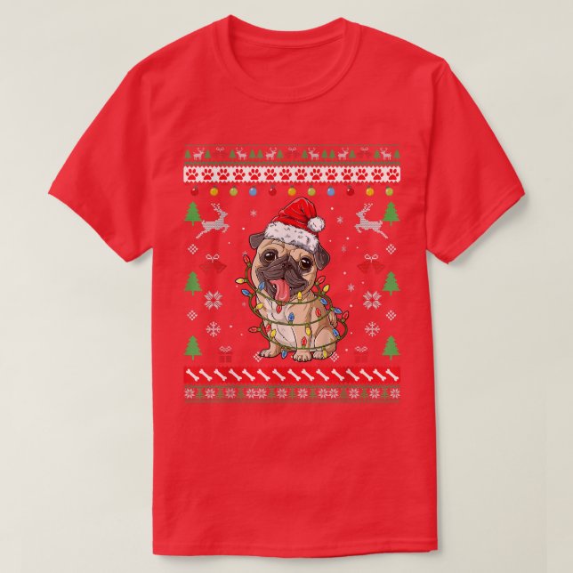 Funny Ugly Sweater Christmas Lights Pug Santa Dog  (Design Front)
