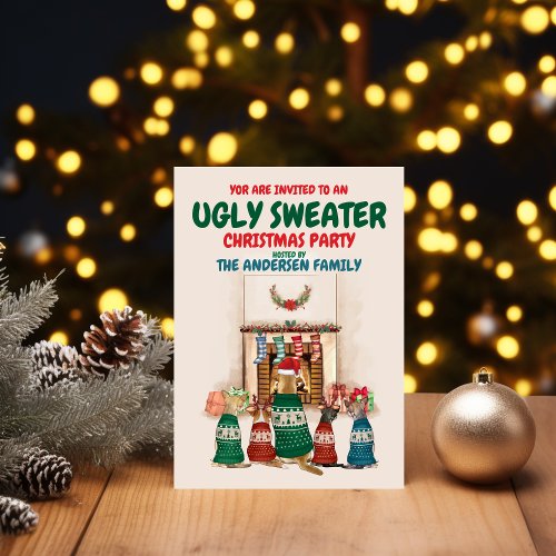 Funny Ugly Sweater Christmas Party with dogs Invitation