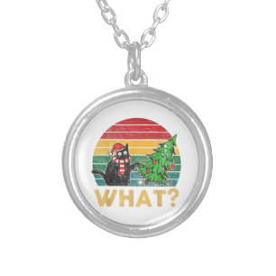 Funny Ugly Sweater Christmas Shirt Naughty Cat San Silver Plated Necklace