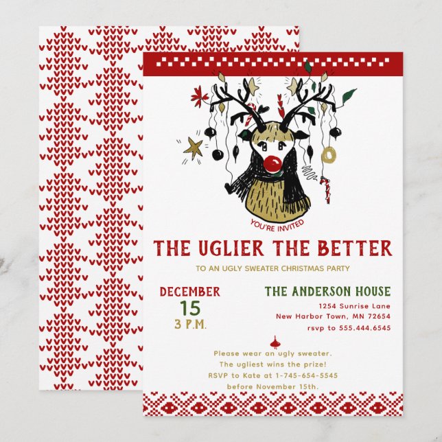 Funny Ugly Sweater Reindeer Nordic Holiday Party Invitation (Front/Back)