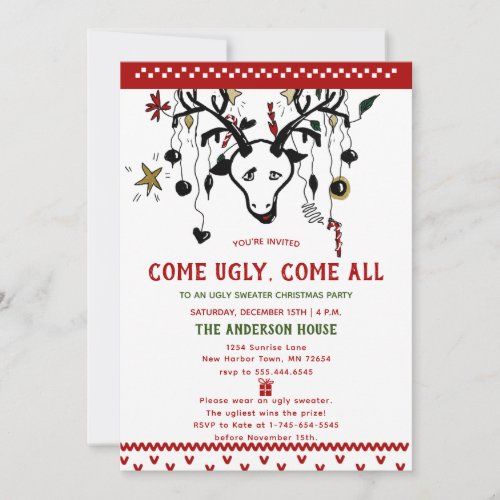 Funny Ugly Sweater Reindeer Nordic Knit  Christmas Invitation