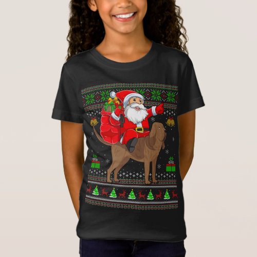 Funny Ugly Xmas Santa Riding Bloodhound Dog Christ T_Shirt