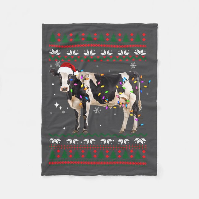 Funny Ugly Xmas Sweater Dairy Cow Farmer Lights Ch Fleece Blanket (Front)