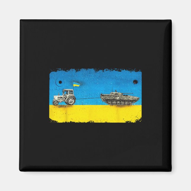 Funny Ukrainian Farmer Pulling Tank With Tractor  Magnet (Front)