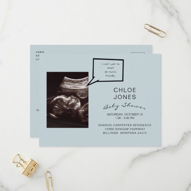 Funny Ultrasound Baby Shower Blue Invitation Postcard (Front/Back In Situ)