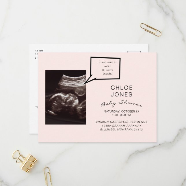 Funny Ultrasound Baby Shower Pink Invitation Postcard (Front/Back In Situ)