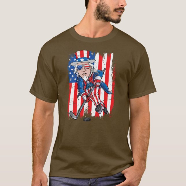 Funny Uncle Sam Playing Ice Hockey American Flag T-Shirt (Front)