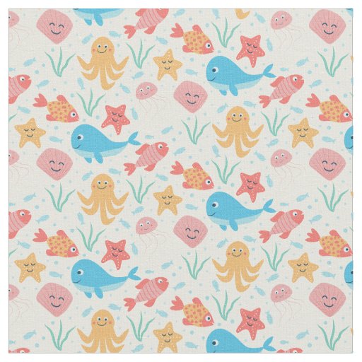 Funny Under the Sea Creatures Ocean Pattern Fabric