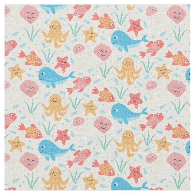 Funny Under the Sea Creatures Ocean Pattern Fabric (Close Up)