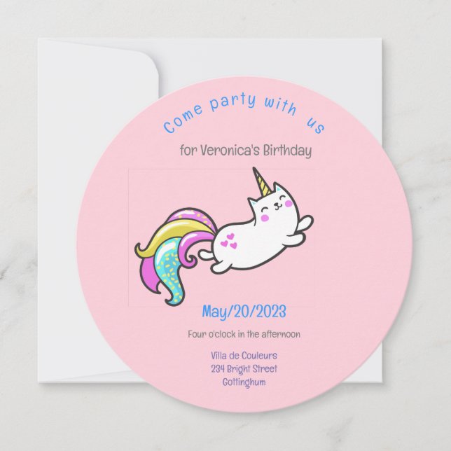 funny unicorn cat birthday party invitation (Front)