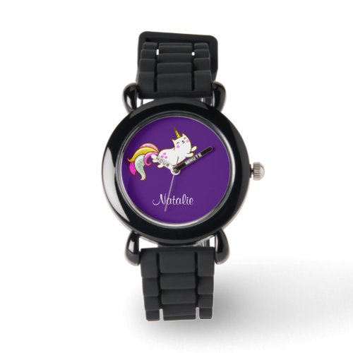 Funny unicorn cat in purple  _ add name  watch
